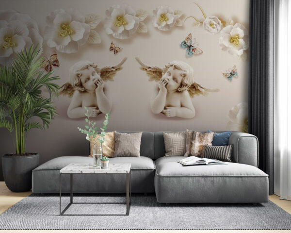 Group of angels with wings and flowers