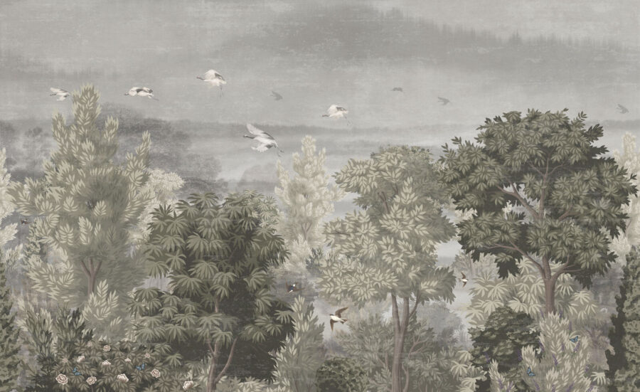 Uccelli in volo sugli alberi