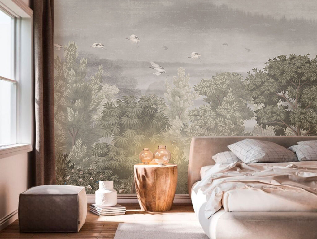 Birds flying over trees