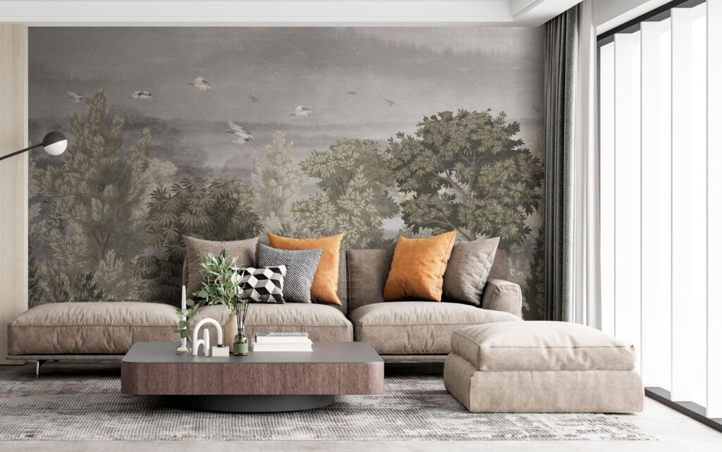 Birds flying over trees