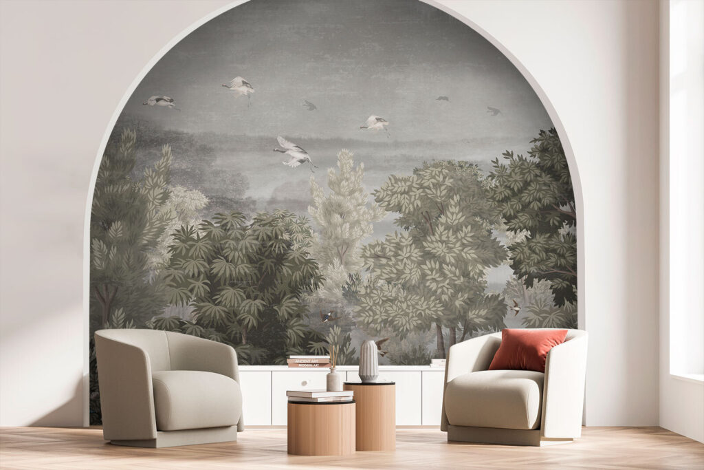 Birds flying over trees