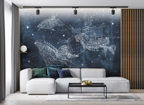 Disegno di una balena e di una nave Disegno di una balena e di una nave