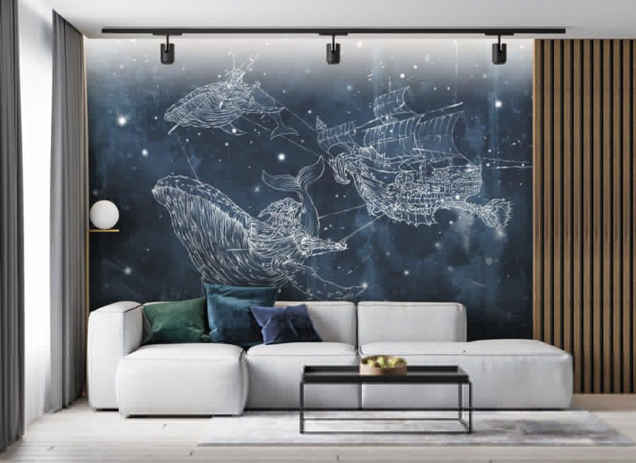 Disegno di una balena e di una nave