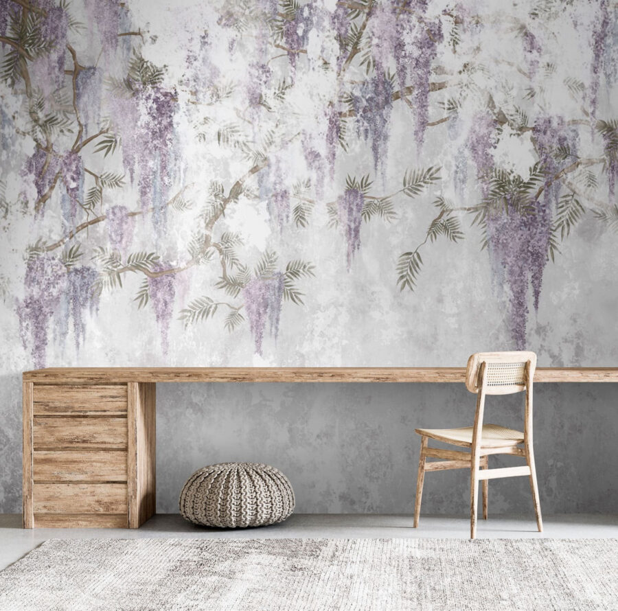 Carta da parati Parete bianca con fiori viola