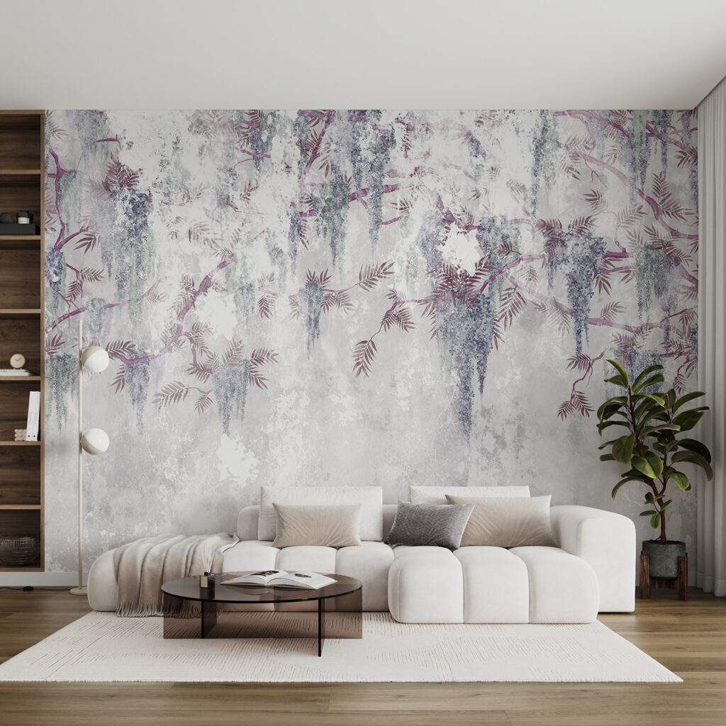 A white wall with purple flowers A white wall with purple flowers
