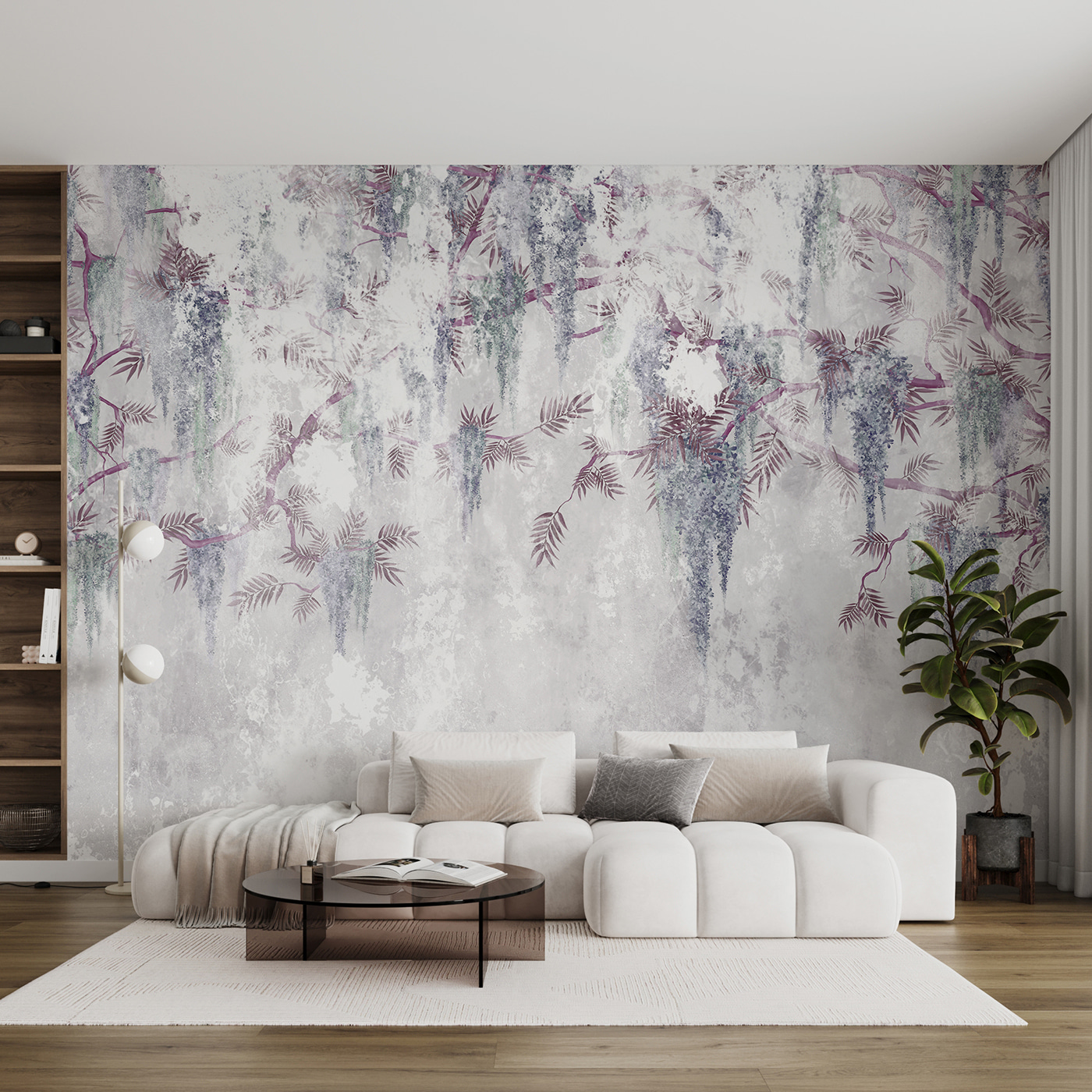 A white wall with purple flowers A white wall with purple flowers
