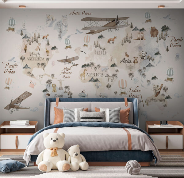Mappa del mondo con animali e uccelli Mappa del mondo con animali e uccelli