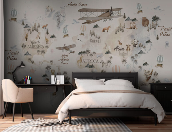 Mappa del mondo con animali e uccelli Mappa del mondo con animali e uccelli