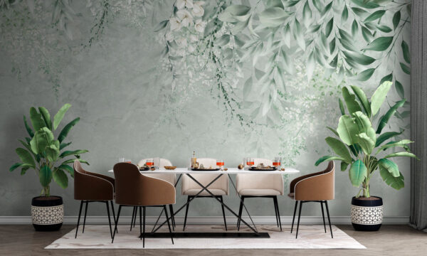 Fiori bianchi e foglie verdi su sfondo bianco Fiori bianchi e foglie verdi su sfondo bianco