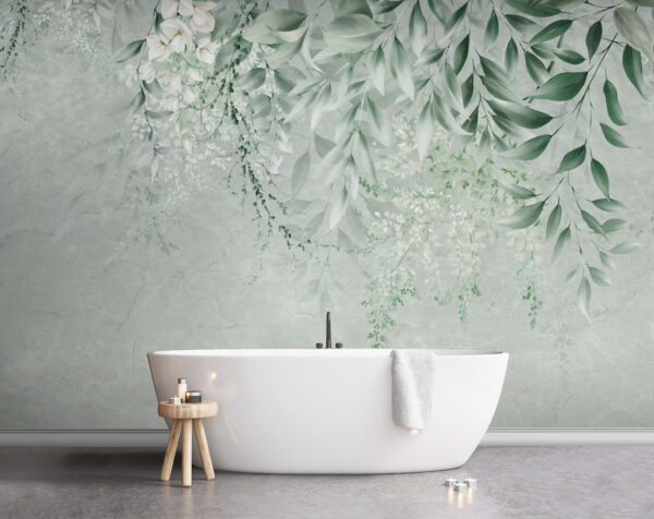 Fiori bianchi e foglie verdi su sfondo bianco Fiori bianchi e foglie verdi su sfondo bianco
