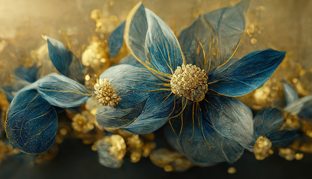 Eleganti foglie blu e fiori delicati. Eleganti foglie blu e fiori delicati.