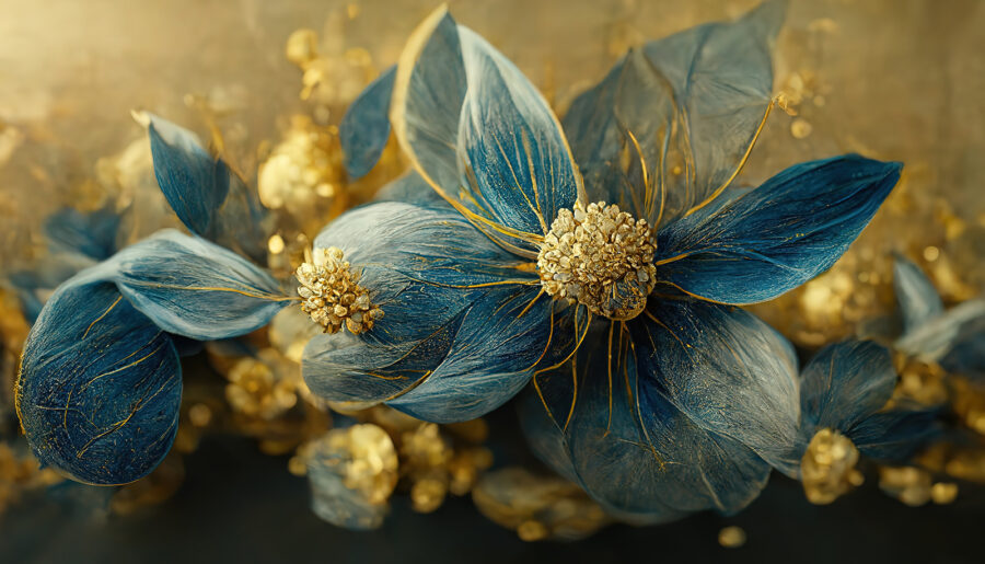 Eleganti foglie blu e fiori delicati.