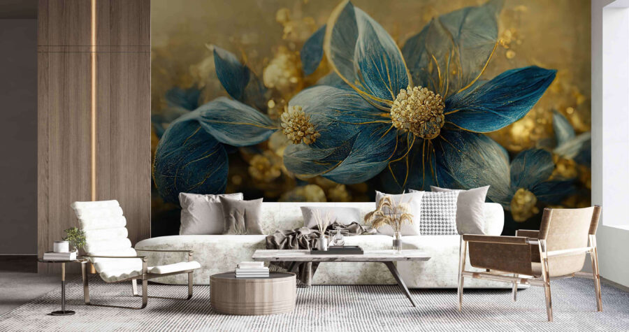 Eleganti foglie blu e fiori delicati.