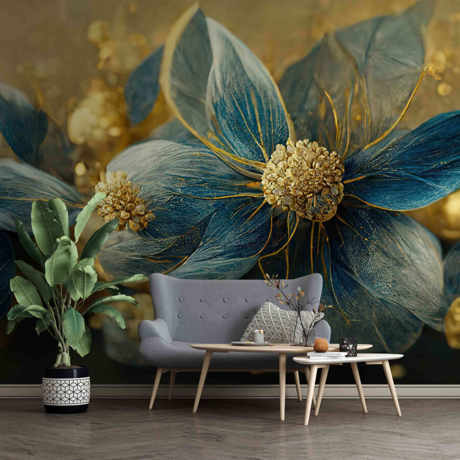 Eleganti foglie blu e fiori delicati.