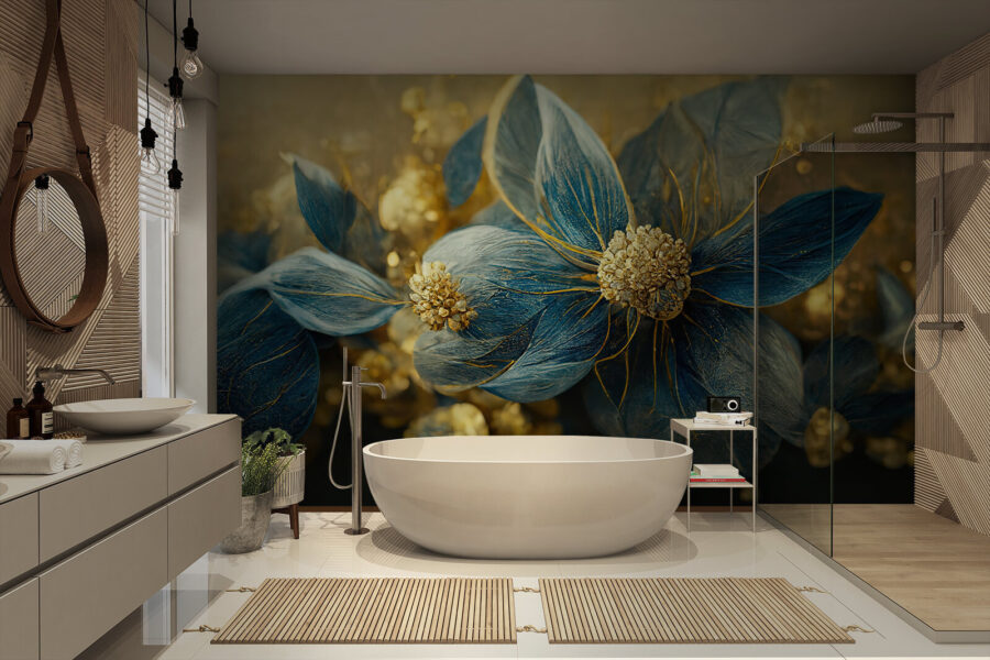 Eleganti foglie blu e fiori delicati.