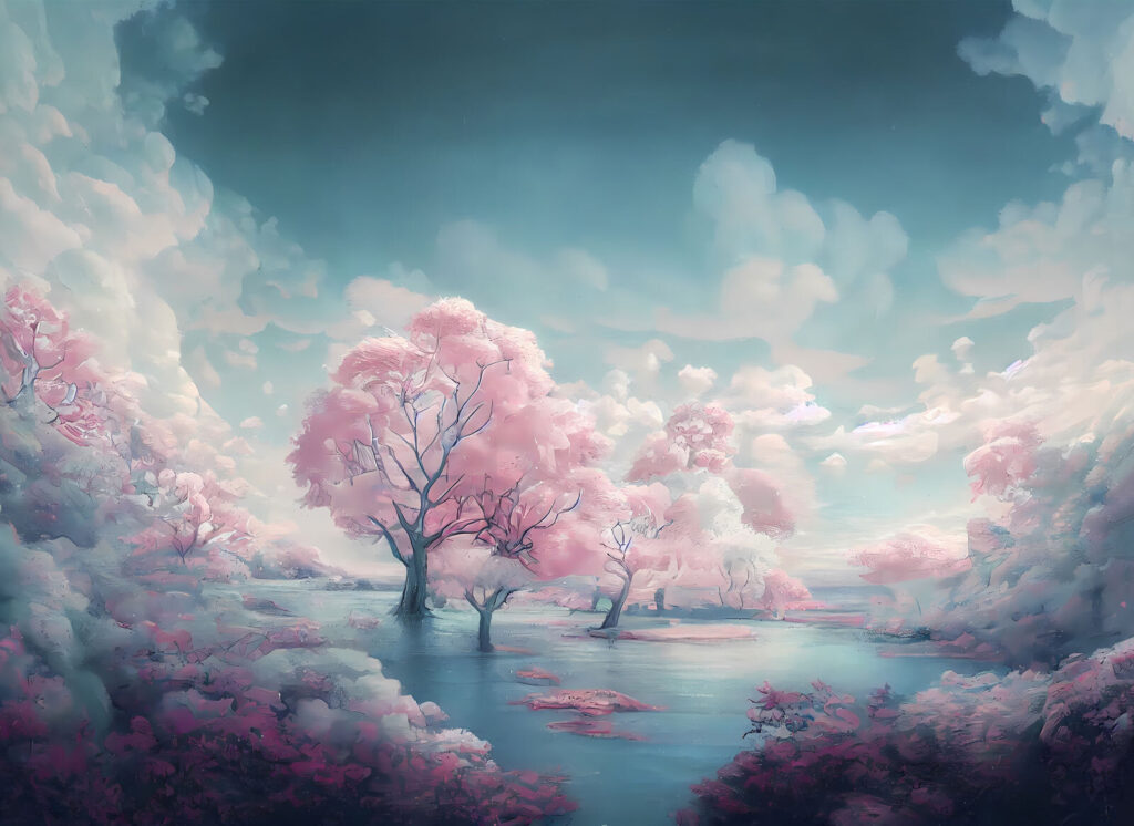 Paesaggio di alberi rosa e acqua Paesaggio di alberi rosa e acqua