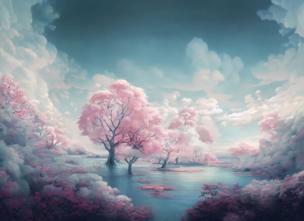 Paesaggio di alberi rosa e acqua Paesaggio di alberi rosa e acqua