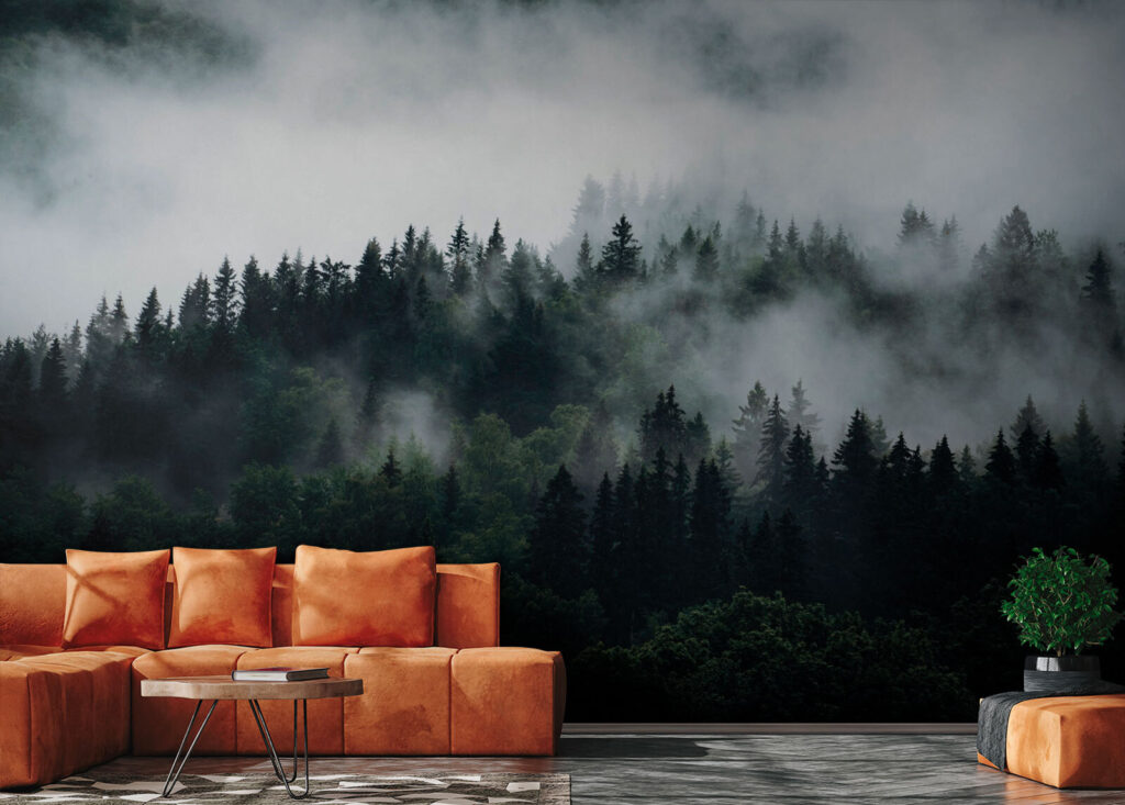 Foggy forest with trees