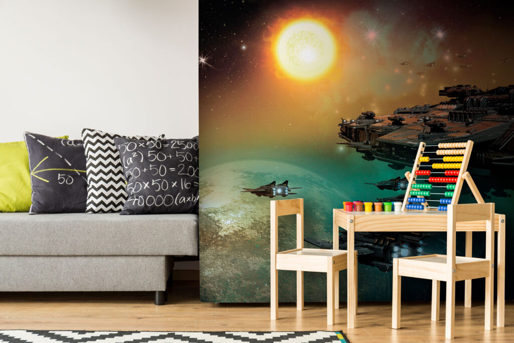 Space ship in space with a group of spaceships in the sky