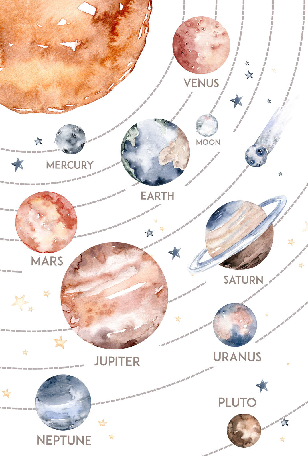 Watercolor of planets and stars Watercolor of planets and stars