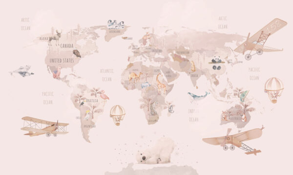Mappa del mondo con animali e uccelli Mappa del mondo con animali e uccelli
