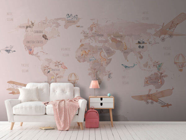 Mappa del mondo con animali e uccelli Mappa del mondo con animali e uccelli