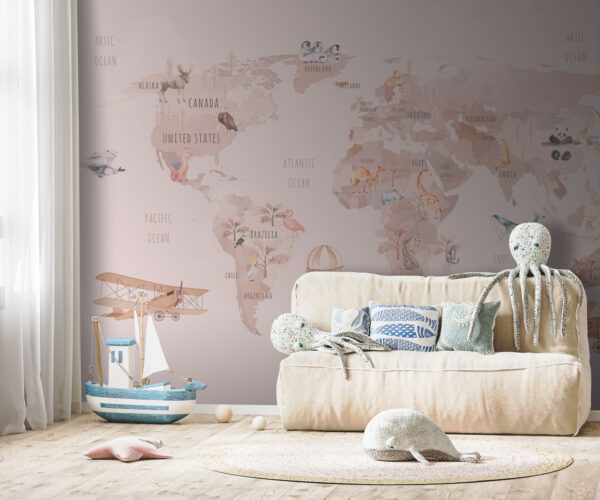 Mappa del mondo con animali e uccelli Mappa del mondo con animali e uccelli