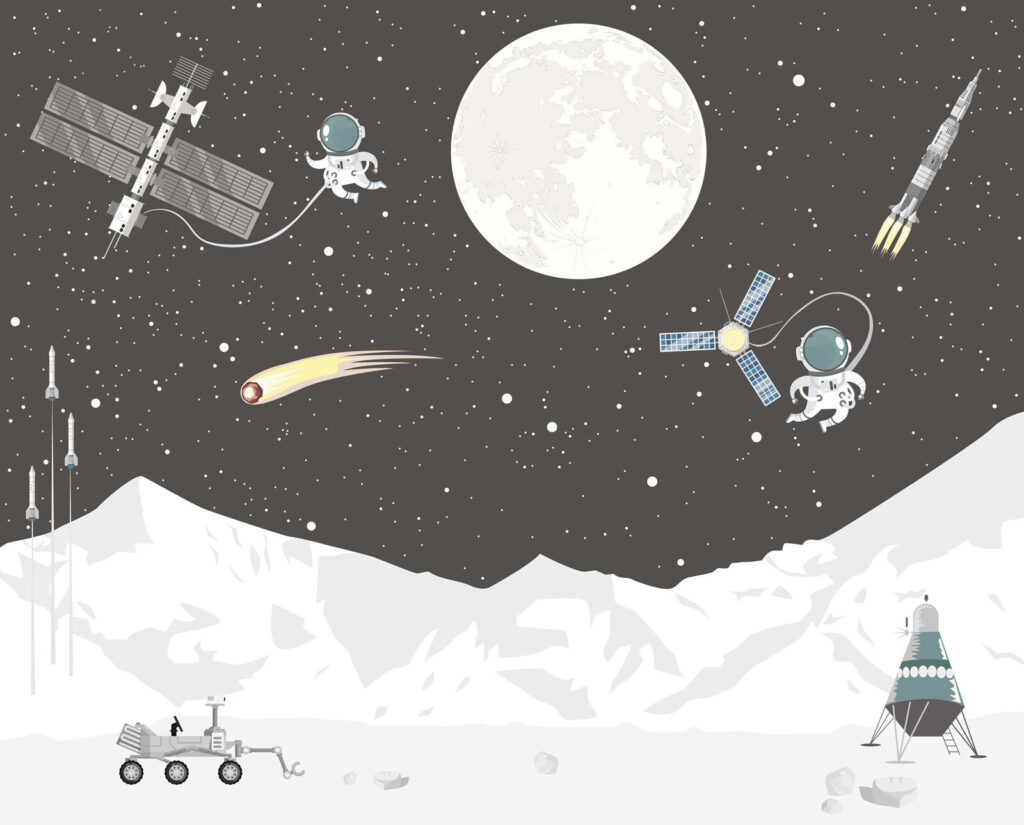 Scena spaziale con luna e satellite Scena spaziale con luna e satellite
