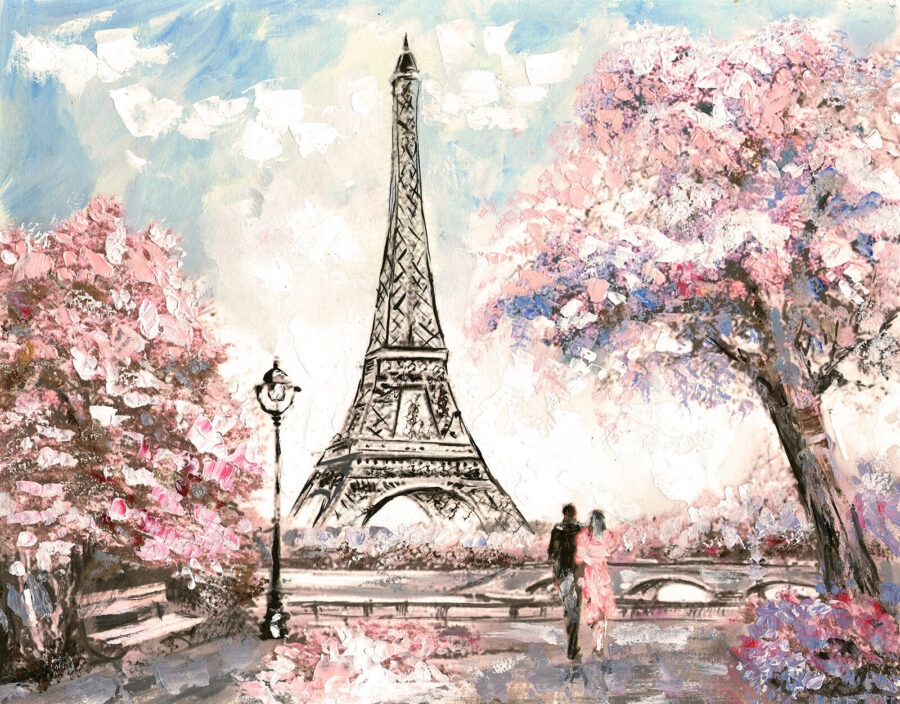 Pittura di una torre con fiori rosa