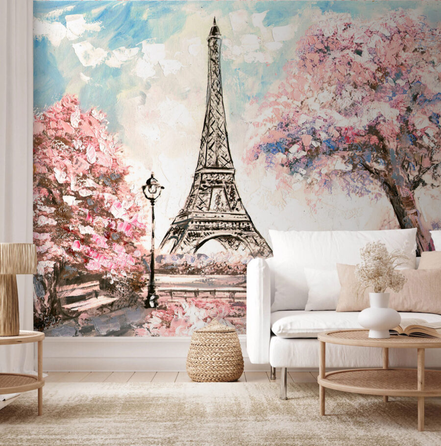 Pittura di una torre con fiori rosa