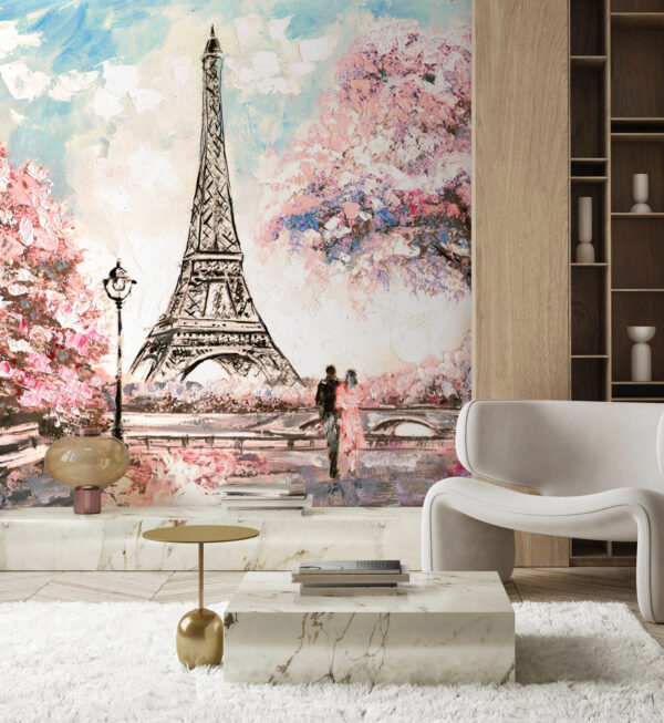 Pittura di una torre con fiori rosa Pittura di una torre con fiori rosa