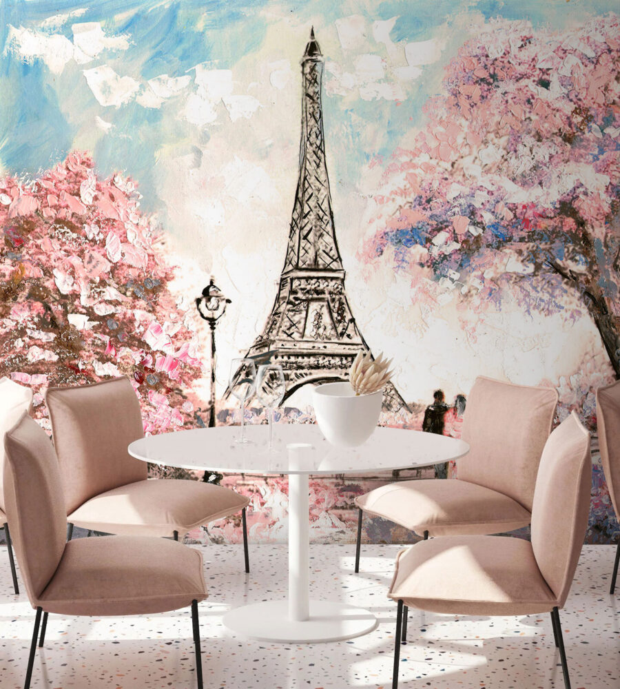 Pittura di una torre con fiori rosa