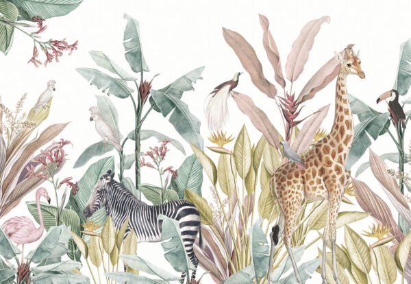 Carta da parati con zebre e uccelli Carta da parati con zebre e uccelli