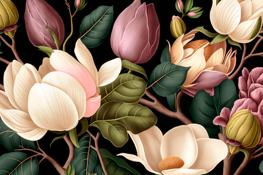 Elegante composizione floreale su sfondo scuro.