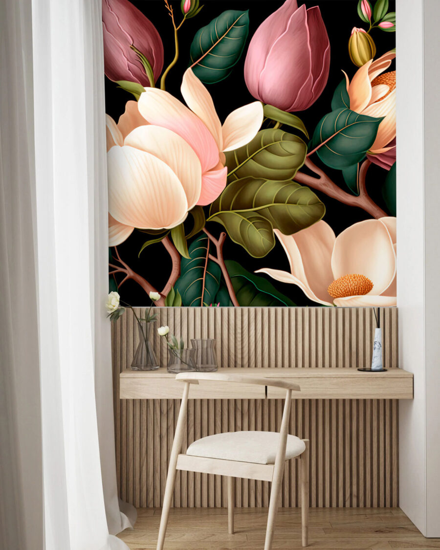Elegante composizione floreale su sfondo scuro.
