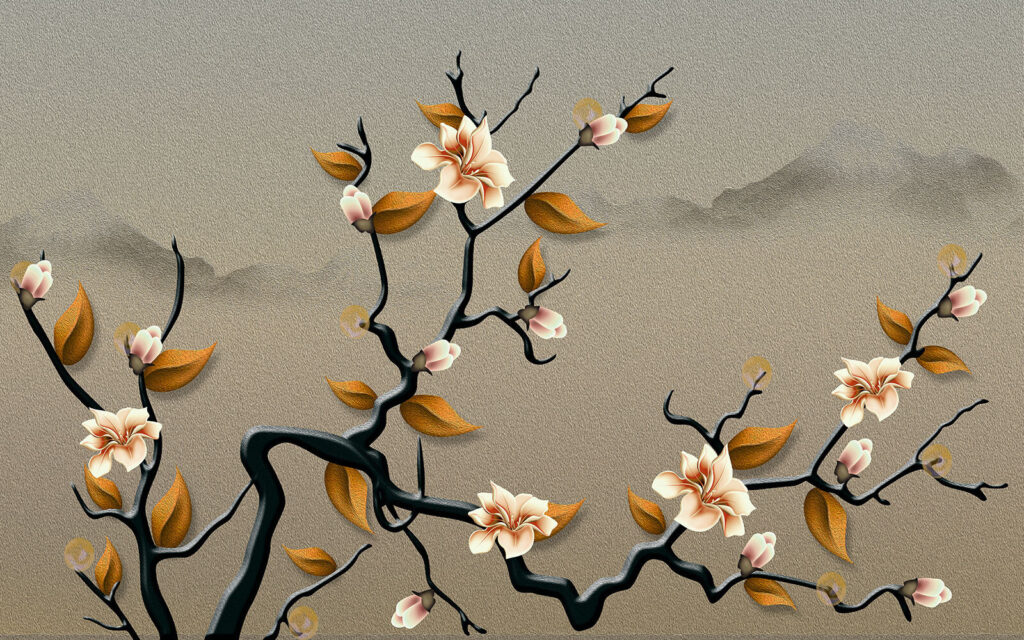 Un ramo d'albero con fiori e foglie Un ramo d'albero con fiori e foglie