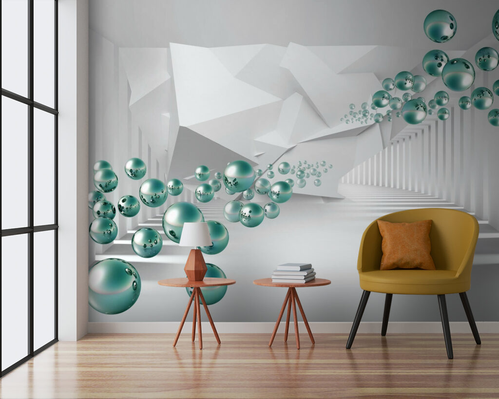 White room with white walls and white columns and green balls White room with white walls and white columns and green balls