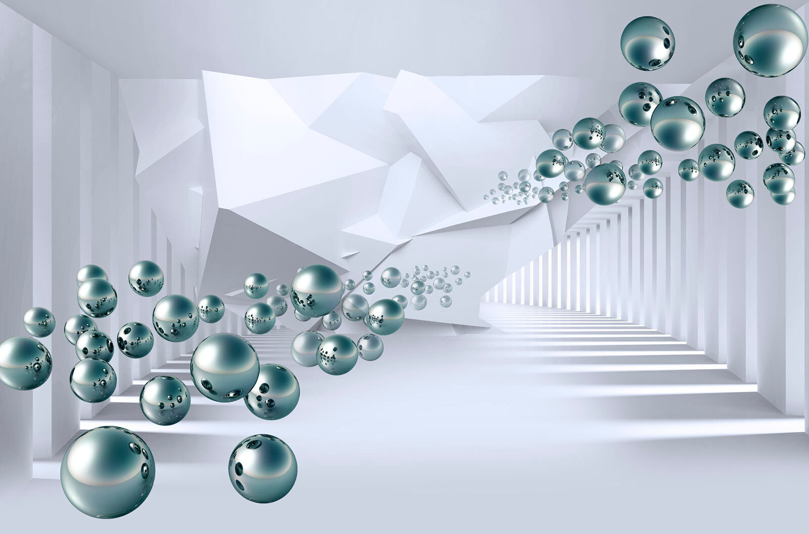 White room with white walls and white columns and silver balls