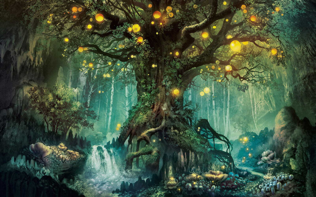 Pittura di un albero con luci Pittura di un albero con luci