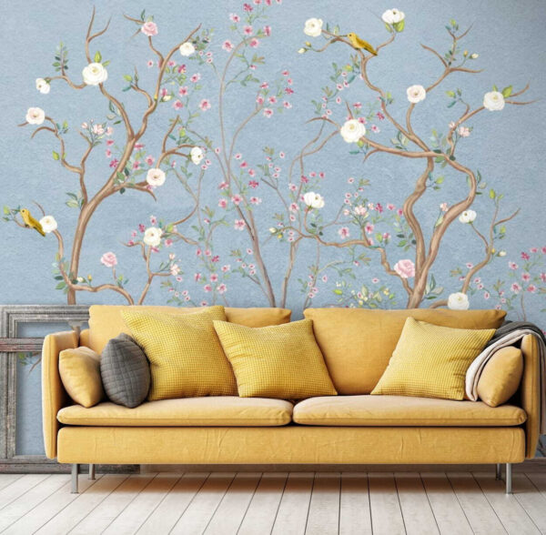 Murale di un albero con fiori e uccelli Murale di un albero con fiori e uccelli