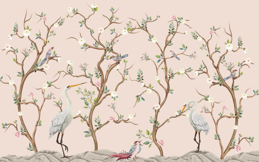 Carta da parati con uccelli e fiori
