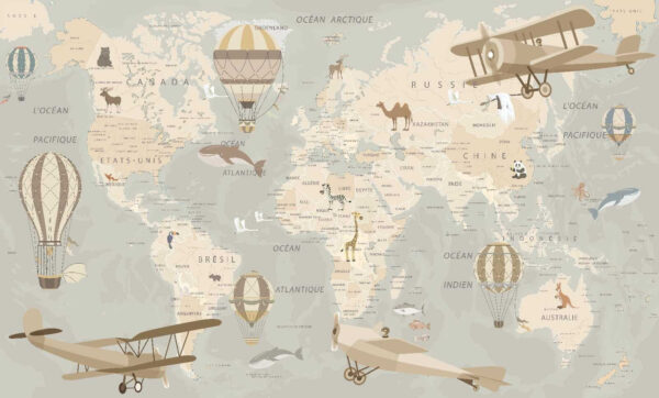 Mappa del mondo con aerei e mongolfiere Mappa del mondo con aerei e mongolfiere