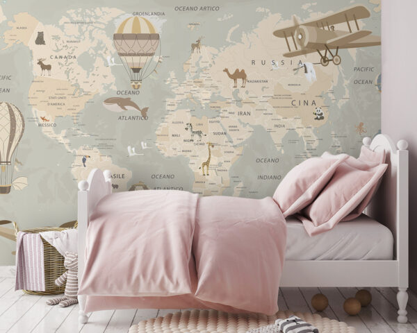 Mappa del mondo con aerei e mongolfiere Mappa del mondo con aerei e mongolfiere
