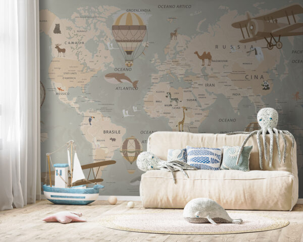 Mappa del mondo con aerei e mongolfiere Mappa del mondo con aerei e mongolfiere