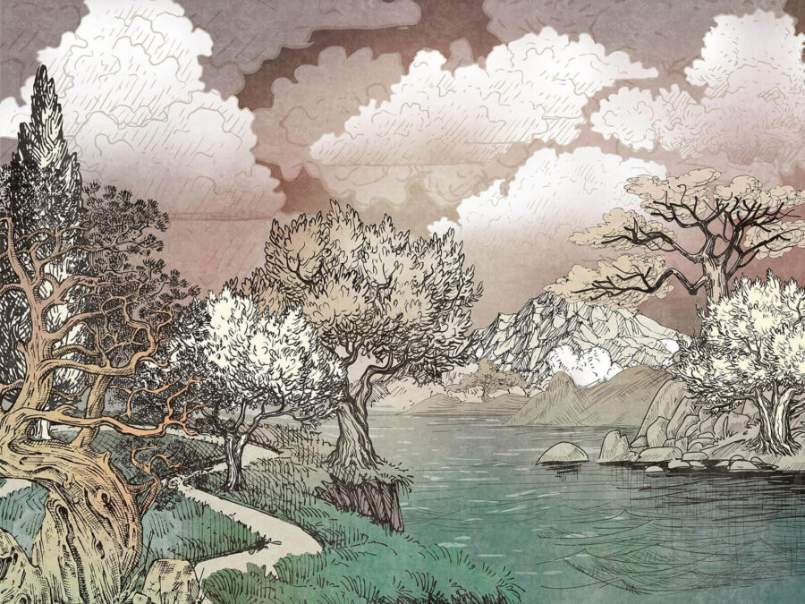 Paesaggio con alberi e lago Paesaggio con alberi e lago