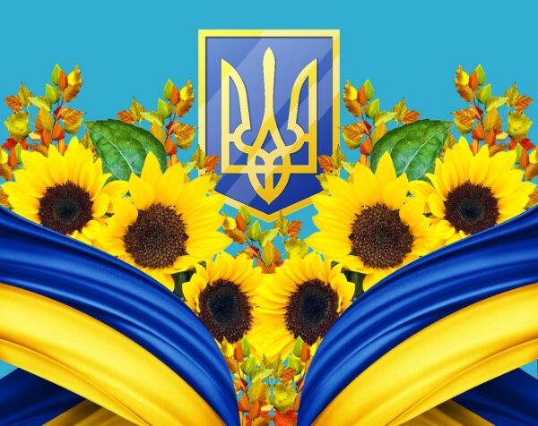 Gruppo di girasoli e tenda blu e gialla Gruppo di girasoli e tenda blu e gialla