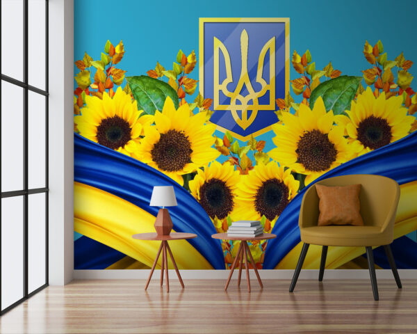 Gruppo di girasoli e tenda blu e gialla Gruppo di girasoli e tenda blu e gialla