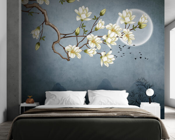 Un dipinto di un ramo d'albero con fiori bianchi Un dipinto di un ramo d'albero con fiori bianchi