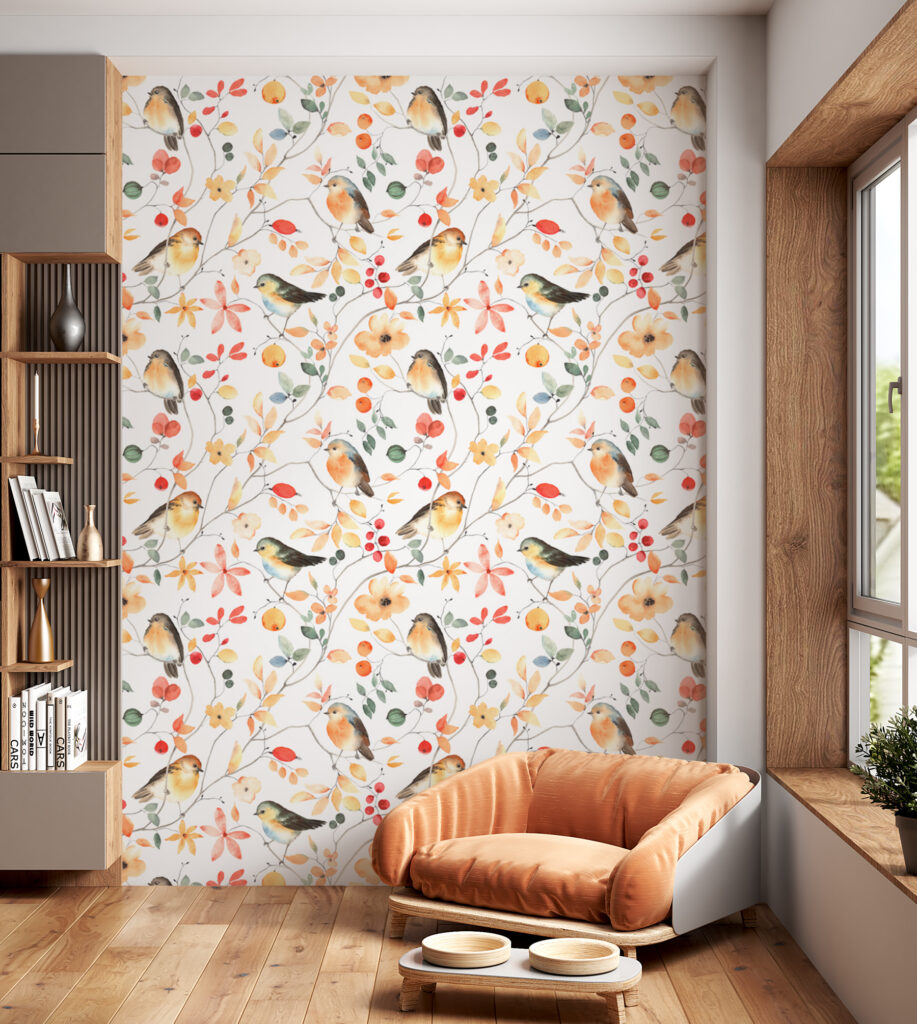 A pattern of birds and flowers