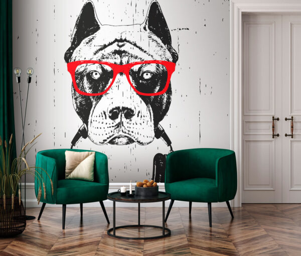 Un cane con occhiali e cuffie Un cane con occhiali e cuffie